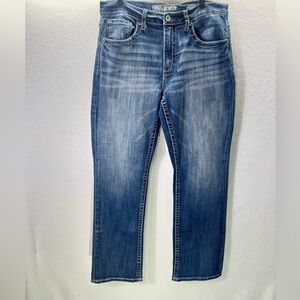 BKE Buckle Tyler Straight Leg Jeans Mens 32R Denim Stretch White Stitches 1937